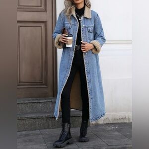 Long Denim Coat With Faux Fur Lining
